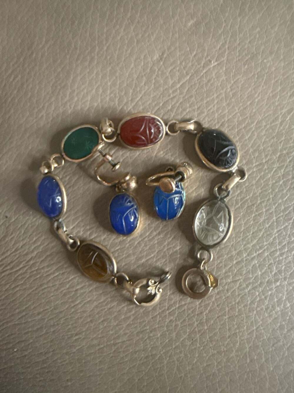 Vintage 12K Gold Filled Multi-Gemstone Scarab Bracelet and Screw-Back Earrings S